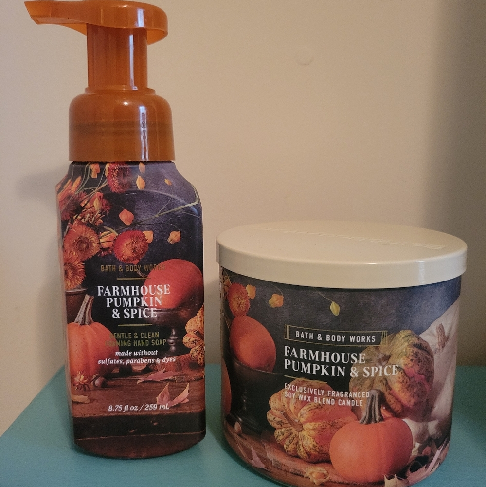 NEW Bath and body works Farmhouse Pumpkin & Spice foam Hand Soap & Candle SET!